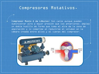 Compresor Roots ó de Lóbulos: Son caros aunque pueden
suministrar aire a mayor presión que los anteriores, emplea
un doble husillo de forma que toma el aire de la zona de
aspiración y lo comprime al reducirse el volumen en la
cámara creada entre ellos y el cuerpo del compresor.
Compresores Rotativos.
 
