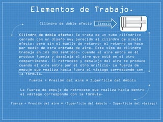 Elementos de Trabajo.
Cilindro de doble efecto: Se trata de un tubo cilíndrico
cerrado con un diseño muy parecido al cilindro de simple
efecto, pero sin el muelle de retorno, el retorno se hace
por medio de otra entrada de aire. Este tipo de cilindro
trabaja en los dos sentidos, cuando el aire entra en él
produce fuerza y desaloja el aire que está en el otro
compartimento. El retroceso y desalojo del aire se produce
cuando el aire entra por el otro orificio. La fuerza de
empuje que realiza hacia fuera el vástago corresponde con
la fórmula.
Fuerza = Presión del aire * Superficie del émbolo
La fuerza de empuje de retroceso que realiza hacia dentro
el vástago corresponde con la fórmula.
Fuerza = Presión del aire * (Superficie del émbolo – Superficie del vástago)
SímboloCilindro de doble efecto
 