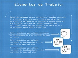 Elementos de Trabajo.
Motor de paletas: genera movimiento rotativo continuo.
El aire entra por una parte y hace que giren las
paletas, la herramienta se encuentra sujeta sobre el
eje de giro. Se trata del motor neumático más
utilizado, puede dar una potencia de hasta 20 CV y
velocidades desde 3000 a 25000 rpm.
Motor neumático con volumen constante
de desplazamiento y un sentido de paso
del aire
Motor neumático con volumen
variable de desplazamiento y un
sentido de paso del aire
Motor neumático con volumen
variable de desplazamiento y dos
sentidos de paso del aire
 