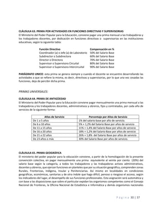 P á g i n a 30 | 37
CLÁUSULA 63. PRIMA POR ACTIVIDADES EN FUNCIONES DIRECTIVAS Y SUPERVISORIAS
El Ministerio del Poder Popular para la Educación, conviene pagar una prima mensual a las trabajadoras y
los trabajadores docentes, por dedicación en funciones directivas o supervisorias en las instituciones
educativas, según la siguiente tabla:
Función Directivo Compensación en %
Coordinador (a) o Jefe (a) de Laboratorio 50% del Salario Base
Subdirector o Subdirectora 60% del Salario Base
Director o Directora 70% del Salario Base
Supervisor o Supervisora Circuital 80% del Salario Base
Supervisor o Supervisora Intercircuital 90% del Salario Base
PARÁGRAFO UNICO: esta prima se genera siempre y cuando el docente se encuentre desarrollando las
actividades a que se refiere la misma, es decir, directivas y supervisorias, por lo que una vez cesadas las
funciones, deja de percibir dicha prima.
PRIMAS UNIVERSALES:
CLÁUSULA 64. PRIMA DE ANTIGÜEDAD
El Ministerio del Poder Popular para la Educación conviene pagar mensualmente una prima mensual a las
trabajadoras y los trabajadores docentes, administrativos y obreros, fijos y contratados, por cada año de
servicios de la siguiente forma:
Años de Servicio Porcentaje por Años de Servicio
De 1 a 5 años 1% del salario base por año de servicio.
De 6 a 10 años 5% + 1,2% del Salario Base por años de servicio
De 11 a 15 años 11% + 1,4% del Salario Base por años de servicio
De 16 a 20 años 18% + 1,2% del Salario Base por años de servicio
De 21 a 22 años 26% + 1,8% del Salario Base por años de servicio
De 23 años o más 30% del Salario Base por años de servicio.
CLÁUSULA 65. PRIMA GEOGRÁFICA
El ministerio del poder popular para la educación conviene, a partir de la homologación de la presente
convención colectiva, en pagar mensualmente una prima equivalente al veinte por ciento (20%) del
salario base según la categoría, a todos los trabajadores y las trabajadoras activos administrativos,
docentes y obreros, que ejerzan funciones en planteles que por su situación geográfica, comprenden zonas
Rurales, Fronterizas, Indígena, Insular y Penitenciarias. Así mismo en localidades en condiciones
geográficas, económicas, sanitarias y de otra índole que haga difícil, penoso o riesgoso el acceso, según
los indicadores del lugar, el desempeño de sus funciones profesionales. Esta asignación será automática y
con base a las disposiciones que sobre el particular expidan los organismos competentes como el Consejo
Nacional de Fronteras, la Oficina Nacional de Estadística e Informática y demás organismos nacionales
 