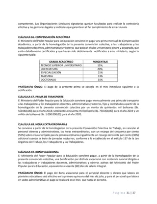P á g i n a 31 | 37
competentes. Las Organizaciones Sindicales signatarias quedan facultadas para realizar la contraloría
efectiva y las gestiones legales y sindicales que garanticen el fiel cumplimiento de esta cláusula.
CLÁUSULA 66. COMPENSACIÓN ACADÉMICA
El Ministerio del Poder Popular para la Educación conviene en pagar una prima mensual de Compensación
Académica, a partir de la homologación de la presente convención colectiva, a las trabajadoras y los
trabajadores docentes, administrativos y obreros que posean títulos Universitario de pre y postgrado, que
estén debidamente certificados y que hayan sido debidamente notificados a este ministerio, según la
siguiente tabla:
GRADO ACADÉMICO PORCENTAJE
TÉCNICO SUPERIOR UNIVERSITARIO 15%;
LICENCIATURA 20%;
ESPECIALIZACIÓN 25%
MAESTRIA 33%
DOCTORADO 35%
PARÁGRAFO ÚNICO: El pago de la presente prima se cancela en el mes inmediato siguiente a la
notificación.
CLÁUSULA 67. PRIMA DE TRANSPORTE
El Ministerio del Poder Popular para la Educación conviene pagar mensualmente una prima de transporte
a las trabajadoras y los trabajadores docentes, administrativos y obreros, fijos y contratados a partir de la
homologación de la presente convención colectiva por un monto de quinientos mil bolívares (Bs.
500.000,00) para el año 2018; setecientos cincuenta mil bolívares (Bs. 750.000,00) para el año 2019 y un
millón de bolívares (Bs. 1.000.000,00) para el año 2020.
CLÁUSULA 68. HORAS EXTRAORDINARIAS
Se conviene a partir de la homologación de la presente Convención Colectiva de Trabajo, en cancelar al
personal obreros y administrativos, las horas extraordinarias, con un recargo del cincuenta por ciento
(50%) sobre el salario fijado para la jornada ordinaria e igualmente un recargo de treinta por ciento (30%)
adicional cuando se trate de jornadas nocturnas, conforme a lo establecido en el artículo 117 de la Ley
Orgánica del Trabajo, los Trabajadores y las Trabajadoras.
CLÁUSULA 69. BONO VACACIONAL
El Ministerio del Poder Popular para la Educación conviene pagar, a partir de la homologación de la
presente convención colectiva, una bonificación por disfrute vacacional con incidencia salarial dirigida a
las trabajadoras y trabajadores docentes, administrativos y obreros activos del Ministerio del Poder
Popular para la Educación, equivalente a sesenta (60) días de salario integral.
PARÁGRAFO ÚNICO: El pago del Bono Vacacional para el personal docente y obrero que labora en
planteles educativos será efectivo en la primera quincena del mes de julio, y para el personal que labora
en sedes administrativas el pago se realizará en el mes que nazca el derecho.
 