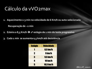 Cálculo da vVO2max
1. Aquecimento 2-3 min na velocidade de 6 Km/h ou auto-selecionada

    Recuperação de ~2 min

2. Esteira a 8,5 Km/h  1º estágio de 1 min do teste progressivo

3. Cada 1 min se aumenta 0,5 km/h até desistência

                        Estágio    Velocidade
                            1       8,5 km/h
                            2        9 km/h
                            3       9,5 km/h
                            4        10 km/h
                            5       10,5 km/h
                                                                   (BILLAT, 2002).
 