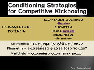 LEVANTAMENTO OLÍMPICO
                                   (Encaixe)
TREINAMENTO DE                  PLIOMETRIA
   POTÊNCIA                   (caixas, barreiras)
                                MEDICINEBOL
                                 (Arremesso)
    Levantamentos = 3 x 3-5 reps (30-75%) x 3-5’ recup
  Pliometria = 5-10 séries x 5-10 saltos x 30-120”
     Medicinebol = 5-10 séries x 5-10 arrem x 30-120”



                                             Buse, Santana (2008)
 
