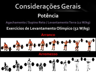 Potência
Agachamento / Supino Reto / Levantamento Terra (12 W/kg)
Exercícios de Levantamento Olímpico (52 W/kg)
                       Arranco



                     Arremesso
 