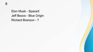 8
Elon Musk - SpaceX
Jeff Bezos - Blue Origin
Richard Branson - ?
 