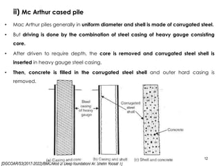 [DGCOAR/S3(2017-2022)/BMC/Mod 2/ Deep foundation/ Ar. Shefin Yoosaf T]
ii) Mc Arthur cased pile
12
• Mac Arthur piles generally in uniform diameter and shell is made of corrugated steel.
• But driving is done by the combination of steel casing of heavy gauge consisting
core.
• After driven to require depth, the core is removed and corrugated steel shell is
inserted in heavy gauge steel casing.
• Then, concrete is filled in the corrugated steel shell and outer hard casing is
removed.
 