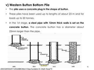 [DGCOAR/S3(2017-2022)/BMC/Mod 2/ Deep foundation/ Ar. Shefin Yoosaf T]
v) Western Button Bottom Pile
15
• The pile uses a concrete plug in the shape of button.
• These piles have been used up to lengths of about 23 m and for
loads up to 50 tonnes.
• In the 1st stage, a steel pipe with 12mm thick walls is set on the
concrete button. The concrete button has a diameter about
25mm larger than the pipe.
 