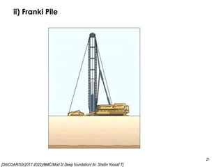 [DGCOAR/S3(2017-2022)/BMC/Mod 2/ Deep foundation/ Ar. Shefin Yoosaf T]
ii) Franki Pile
21
 