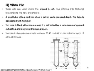 [DGCOAR/S3(2017-2022)/BMC/Mod 2/ Deep foundation/ Ar. Shefin Yoosaf T]
iii) Vibro Pile
22
• These pile are used where the ground is soft, thus offering little frictional
resistance to the flow of concrete.
• A steel tube with a cast iron shoe is driven up to required depth. The tube is
connected with hammer.
• The tube is filled with concrete and it is extracted by a succession of upward
extracting and downward tamping blows.
• Standard vibro piles are made in size of 35,45 and 50cm diameter for loads of
60 to 70 tonnes.
 