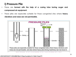 [DGCOAR/S3(2017-2022)/BMC/Mod 2/ Deep foundation/ Ar. Shefin Yoosaf T]
i) Pressure Pile
25
• These are formed with the help of a casing tube boring auger and
compressed air equipment.
• These piles are especially suitable for those congested sites where heavy
vibrations and noise are not permissible.
 