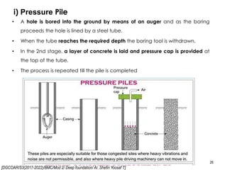[DGCOAR/S3(2017-2022)/BMC/Mod 2/ Deep foundation/ Ar. Shefin Yoosaf T]
i) Pressure Pile
26
• A hole is bored into the ground by means of an auger and as the boring
proceeds the hole is lined by a steel tube.
• When the tube reaches the required depth the boring tool is withdrawn.
• In the 2nd stage, a layer of concrete is laid and pressure cap is provided at
the top of the tube.
• The process is repeated till the pile is completed
 