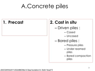 [DGCOAR/S3(2017-2022)/BMC/Mod 2/ Deep foundation/ Ar. Shefin Yoosaf T]
A.Concrete piles
1. Precast 2. Cast in situ
– Driven piles :
– Cased
– Uncased
– Bored piles :
– Pressure piles
– Under reamed
piles
– Bored compaction
piles
3
 