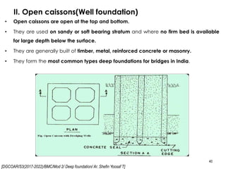[DGCOAR/S3(2017-2022)/BMC/Mod 2/ Deep foundation/ Ar. Shefin Yoosaf T]
II. Open caissons(Well foundation)
40
• Open caissons are open at the top and bottom.
• They are used on sandy or soft bearing stratum and where no firm bed is available
for large depth below the surface.
• They are generally built of timber, metal, reinforced concrete or masonry.
• They form the most common types deep foundations for bridges in India.
 