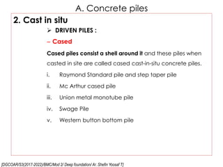 [DGCOAR/S3(2017-2022)/BMC/Mod 2/ Deep foundation/ Ar. Shefin Yoosaf T]
A. Concrete piles
2. Cast in situ
 DRIVEN PILES :
– Cased
Cased piles consist a shell around it and these piles when
casted in site are called cased cast-in-situ concrete piles.
i. Raymond Standard pile and step taper pile
ii. Mc Arthur cased pile
iii. Union metal monotube pile
iv. Swage Pile
v. Western button bottom pile
 