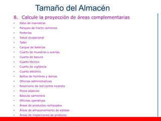 Tamaño del Almacén
8. Calcule la proyección de áreas complementarias
•   Patio de maniobras
•   Parqueo de tracto camiones
•   Porterías
•   Salud ocupacional
•   Taller
•   Cargue de baterías
•   Cuarto de muestras y averías
•   Cuarto de basura
•   Cuarto técnico
•   Cuarto de vigilancia
•   Cuarto eléctrico
•   Baños de hombres y damas
•   Oficinas administrativas
•   Reservorio de red contra incendio
•   Pozos sépticos
•   Báscula camionera
•   Oficinas operativas
•   Áreas de productos rechazados
•   Áreas de almacenamiento de estibas
•   Áreas de inspecciones de producto
 