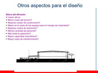 Otros aspectos para el diseño
Altura del Almacén
A mayor altura:
 Menor costo del terreno?
 Mayores costos de construcción?
 Mayor es el costo de los equipos para el manejo de materiales?
 Mayores costos de operación?
 Menos cantidad de personal?
 Más lenta la operación?
 Mayor capacidad volumétrica?
 Mayor costo de mantenimiento?
 