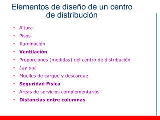 Elementos de diseño de un centro
        de distribución
• Altura
• Pisos
• Iluminación
• Ventilación
• Proporciones (medidas) del centro de distribución
• Lay out
• Muelles de cargue y descargue
• Seguridad Física
• Áreas de servicios complementarios
• Distancias entre columnas
 
