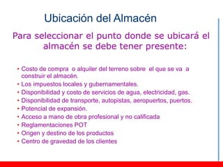 Ubicación del Almacén
Para seleccionar el punto donde se ubicará el
       almacén se debe tener presente:

 • Costo de compra o alquiler del terreno sobre el que se va a
   construir el almacén.
 • Los impuestos locales y gubernamentales.
 • Disponibilidad y costo de servicios de agua, electricidad, gas.
 • Disponibilidad de transporte, autopistas, aeropuertos, puertos.
 • Potencial de expansión.
 • Acceso a mano de obra profesional y no calificada
 • Reglamentaciones POT
 • Origen y destino de los productos
 • Centro de gravedad de los clientes
 