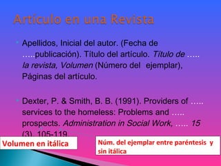  Apellidos, Inicial del autor. (Fecha de
…..publicación). Título del artículo. Título de …..
la revista, Volumen (Número del ejemplar),
Páginas del artículo.
 
 Dexter, P. & Smith, B. B. (1991). Providers of …..
services to the homeless: Problems and …..
prospects. Administration in Social Work, ….. 15
(3), 105-119.
Volumen en itálica Núm. del ejemplar entre paréntesis y
sin itálica
 