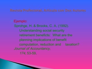  Ejemplo:
Sprohge, H. & Brooks, C. A. (1992).
Understanding social security
retirement beneficts: What are the
planning implications of benefit
computation, reduction and taxation?
Journal of Accountancy,
174, 53-59.
 