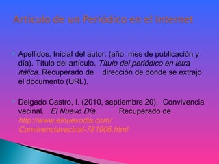 Apellidos, Inicial del autor. (año, mes de publicación y
día). Título del artículo. Título del periódico en letra
itálica. Recuperado de dirección de donde se extrajo
el documento (URL).
 
 Delgado Castro, I. (2010, septiembre 20). Convivencia
vecinal. El Nuevo Día. Recuperado de
http://www.elnuevodia.com/
Convivenciavecinal-781906.html
 