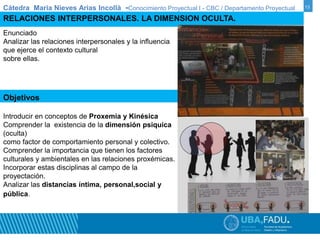 Cátedra Maria Nieves Arias Incollà -Conocimiento Proyectual I - CBC / Departamento Proyectual 13 
RELACIONES INTERPERSONALES. LA DIMENSION OCULTA. 
Enunciado 
Analizar las relaciones interpersonales y la influencia 
que ejerce el contexto cultural 
sobre ellas. 
Objetivos 
Introducir en conceptos de Proxemia y Kinésica 
Comprender la existencia de la dimensión psiquica 
(oculta) 
como factor de comportamiento personal y colectivo. 
Comprender la importancia que tienen los factores 
culturales y ambientales en las relaciones proxémicas. 
Incorporar estas disciplinas al campo de la 
proyectación. 
Analizar las distancias íntima, personal,social y 
pública. 
 
