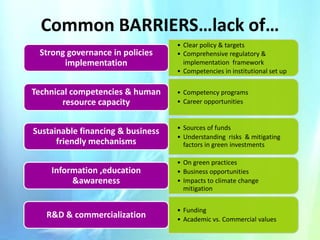 Common BARRIERS…lack of…
Strong governance in policies
implementation

• Clear policy & targets
• Comprehensive regulatory &
implementation framework
• Competencies in institutional set up

Technical competencies & human
resource capacity

• Competency programs
• Career opportunities

Sustainable financing & business
friendly mechanisms

• Sources of funds
• Understanding risks & mitigating
factors in green investments

Information ,education
&awareness

R&D & commercialization

• On green practices
• Business opportunities
• Impacts to climate change
mitigation
• Funding
• Academic vs. Commercial values

 
