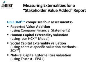 GIST 360™ comprises four assessments:-
 Reported Value Addition
(using Company Financial Statements)
 Human Capital Externality valuation
(using our HCX™ Model)
 Social Capital Externality valuation
(using context-specific valuation methods –
SCX™)
 Natural Capital Externalities valuation
(using Trucost - EP&L)
Measuring Externalities for a
“Stakeholder Value Added” Report
 