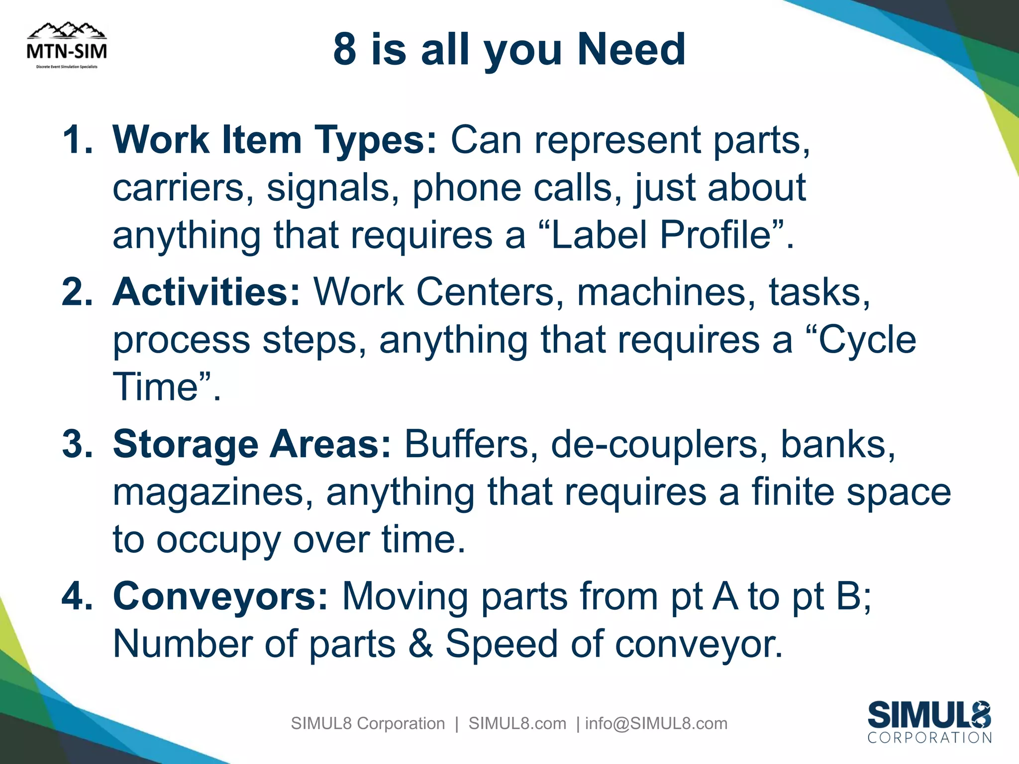8 is all you Need
1. Work Item Types: Can represent parts,
carriers, signals, phone calls, just about
anything that requires a “Label Profile”.
2. Activities: Work Centers, machines, tasks,
process steps, anything that requires a “Cycle
Time”.
3. Storage Areas: Buffers, de-couplers, banks,
magazines, anything that requires a finite space
to occupy over time.
4. Conveyors: Moving parts from pt A to pt B;
Number of parts & Speed of conveyor.
SIMUL8 Corporation | SIMUL8.com | info@SIMUL8.com

 