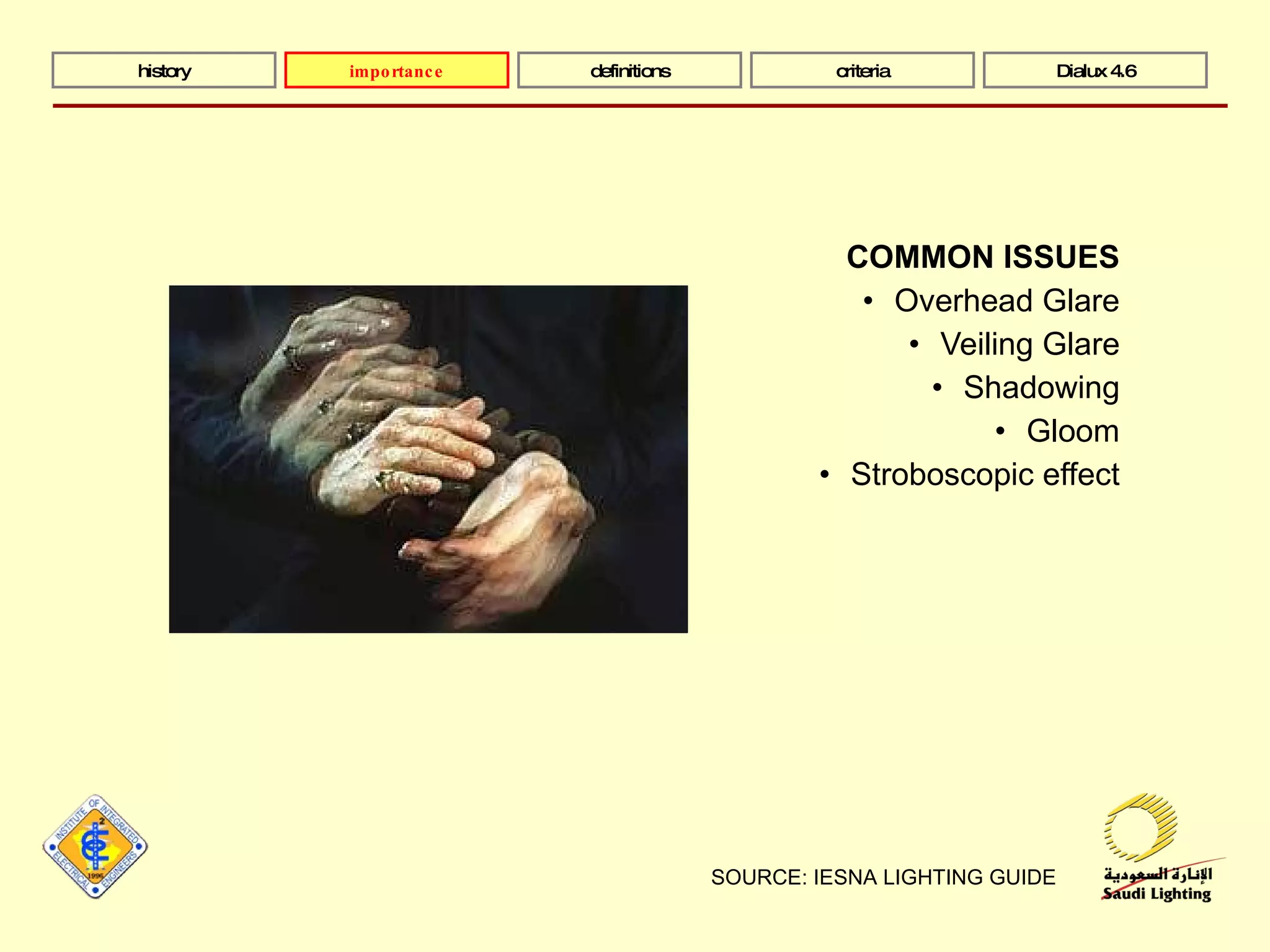 COMMON ISSUES Overhead Glare Veiling Glare Shadowing Gloom Stroboscopic effect SOURCE: IESNA LIGHTING GUIDE history definitions criteria Dialux 4.6 importance 