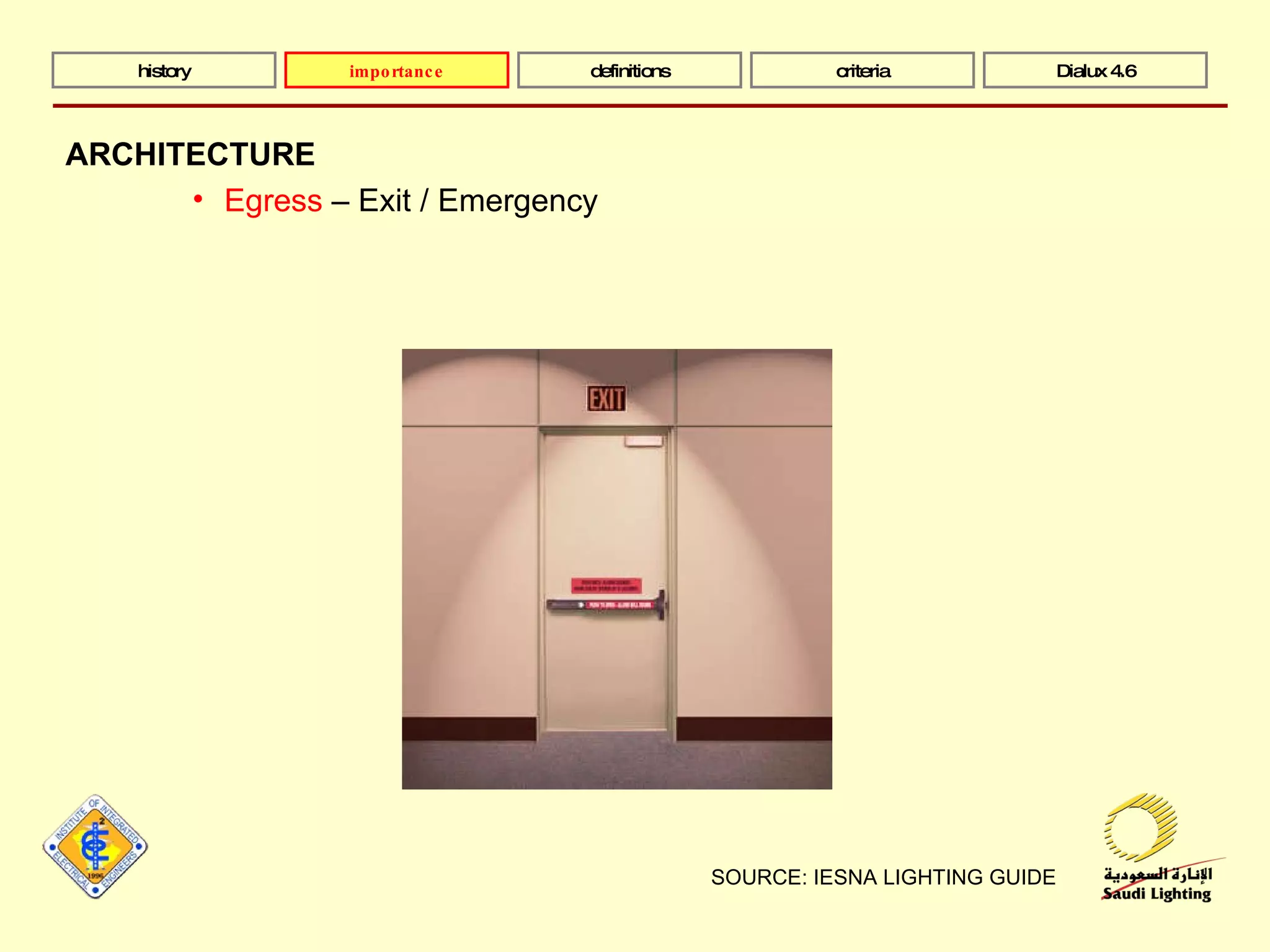 SOURCE: IESNA LIGHTING GUIDE history definitions criteria Dialux 4.6 ARCHITECTURE Egress  – Exit / Emergency importance 