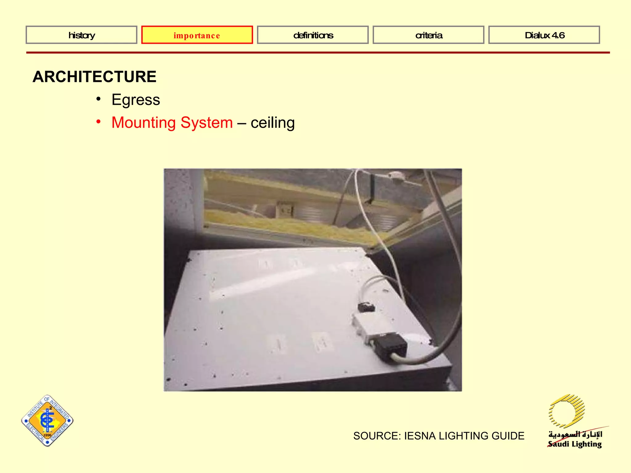 SOURCE: IESNA LIGHTING GUIDE history definitions criteria Dialux 4.6 ARCHITECTURE Egress Mounting System  – ceiling  importance 
