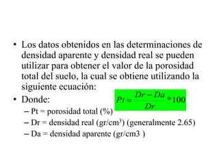 • Los datos obtenidos en las determinaciones de
densidad aparente y densidad real se pueden
utilizar para obtener el valor de la porosidad
total del suelo, la cual se obtiene utilizando la
siguiente ecuación:
• Donde:
– Pt = porosidad total (%)
– Dr = densidad real (gr/cm3) (generalmente 2.65)
– Da = densidad aparente (gr/cm3 )
100
*
Dr
Da
Dr
Pt


 