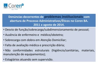 Denúncias decorrentes de problemas institucionais com 
abertura de Processo Administrativos/Éticos no Coren BA. 
2011 a agosto de 2014. 
• Desvio de função/sobrecarga/subdimensionamento de pessoal; 
• Ausência de enfermeiro e médico/obstetra; 
• Sobrecarga com dobra em Atenção Domiciliar; 
• Falta de avaliação médica e prescrição diária; 
• Não conformidades estruturais (higiêncio/sanitárias, materiais, 
manutenção de equipamentos); 
• Estagiários atuando sem supervisão. 
Fonte: Tribunal Ético Coren-BA. Julho, 2014. 
 