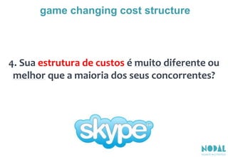 4. Sua estrutura de custos é muito diferente ou
melhor que a maioria dos seus concorrentes?
game changing cost structure
 