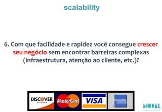 6. Com que facilidade e rapidez você consegue crescer
seu negócio sem encontrar barreiras complexas
(infraestrutura, atenção ao cliente, etc.)?
scalability
 