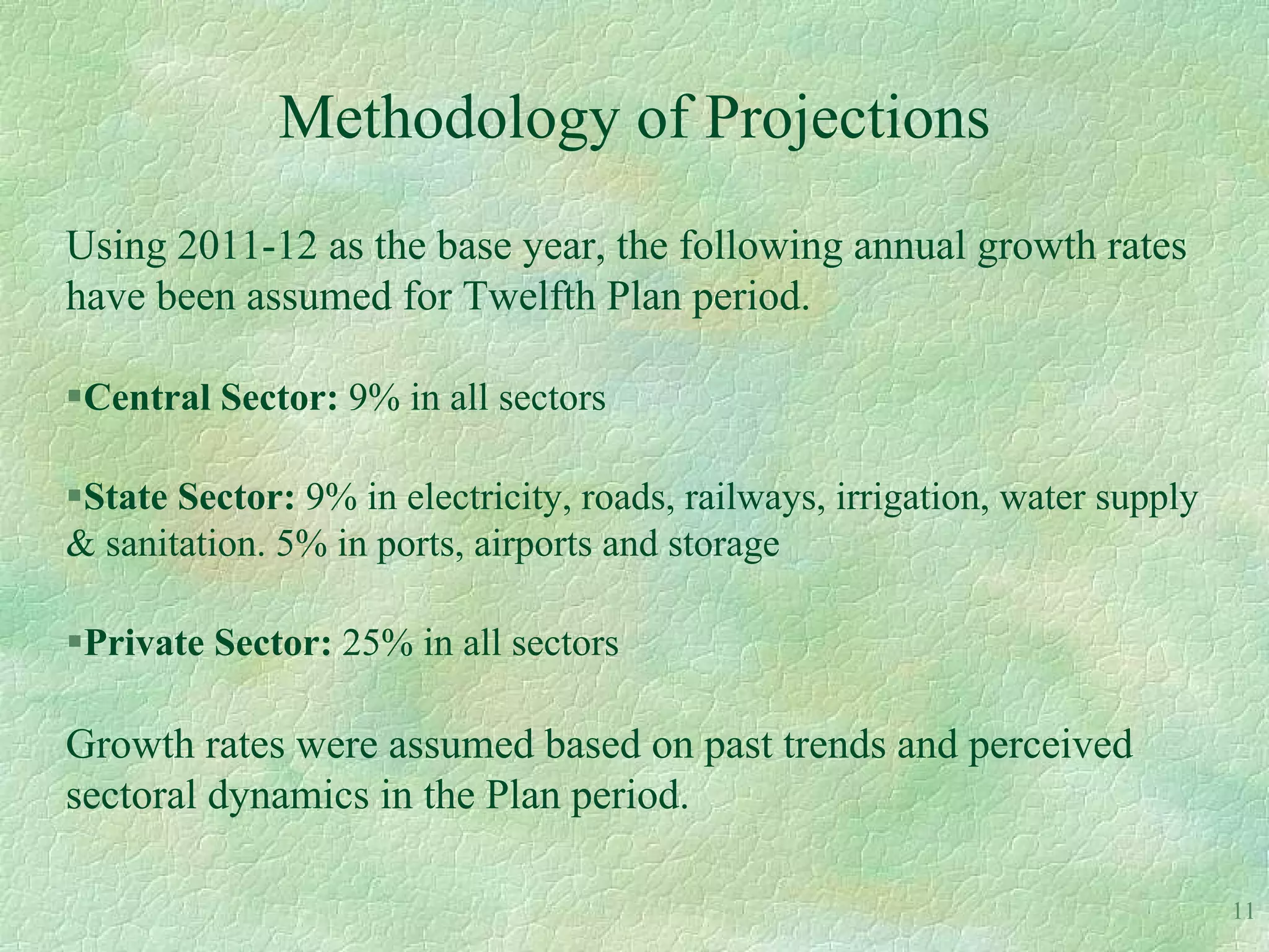 Methodology of Projections
Using 2011-12 as the base year, the following annual growth rates
have been assumed for Twelfth Plan period.

Central Sector: 9% in all sectors

State Sector: 9% in electricity, roads, railways, irrigation, water supply
& sanitation. 5% in ports, airports and storage

Private Sector: 25% in all sectors

Growth rates were assumed based on past trends and perceived
sectoral dynamics in the Plan period.

                                                                              11
 