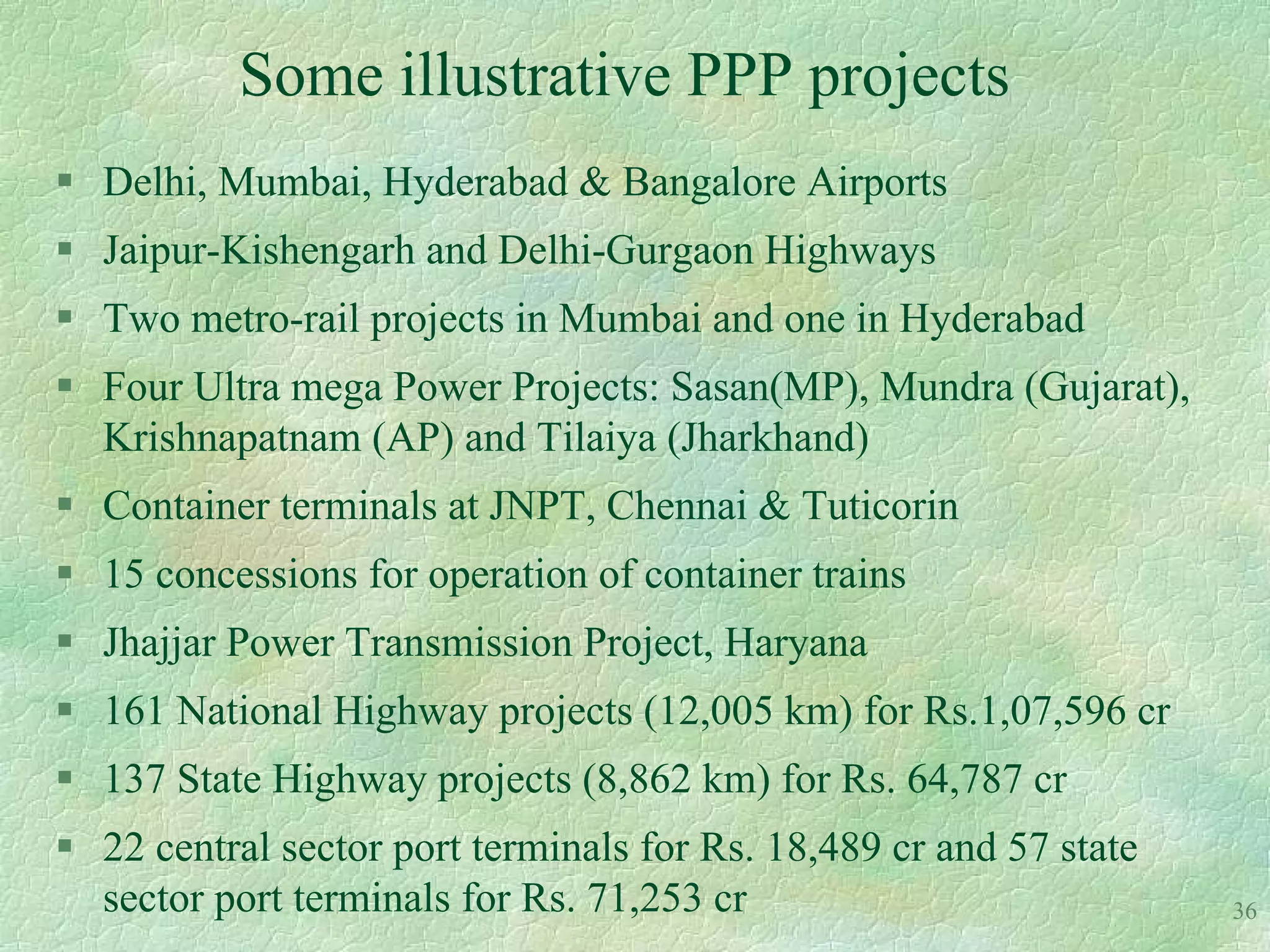 Some illustrative PPP projects
 Delhi, Mumbai, Hyderabad & Bangalore Airports
 Jaipur-Kishengarh and Delhi-Gurgaon Highways
 Two metro-rail projects in Mumbai and one in Hyderabad
 Four Ultra mega Power Projects: Sasan(MP), Mundra (Gujarat),
  Krishnapatnam (AP) and Tilaiya (Jharkhand)
 Container terminals at JNPT, Chennai & Tuticorin
 15 concessions for operation of container trains
 Jhajjar Power Transmission Project, Haryana
 161 National Highway projects (12,005 km) for Rs.1,07,596 cr
 137 State Highway projects (8,862 km) for Rs. 64,787 cr
 22 central sector port terminals for Rs. 18,489 cr and 57 state
  sector port terminals for Rs. 71,253 cr                           36
 