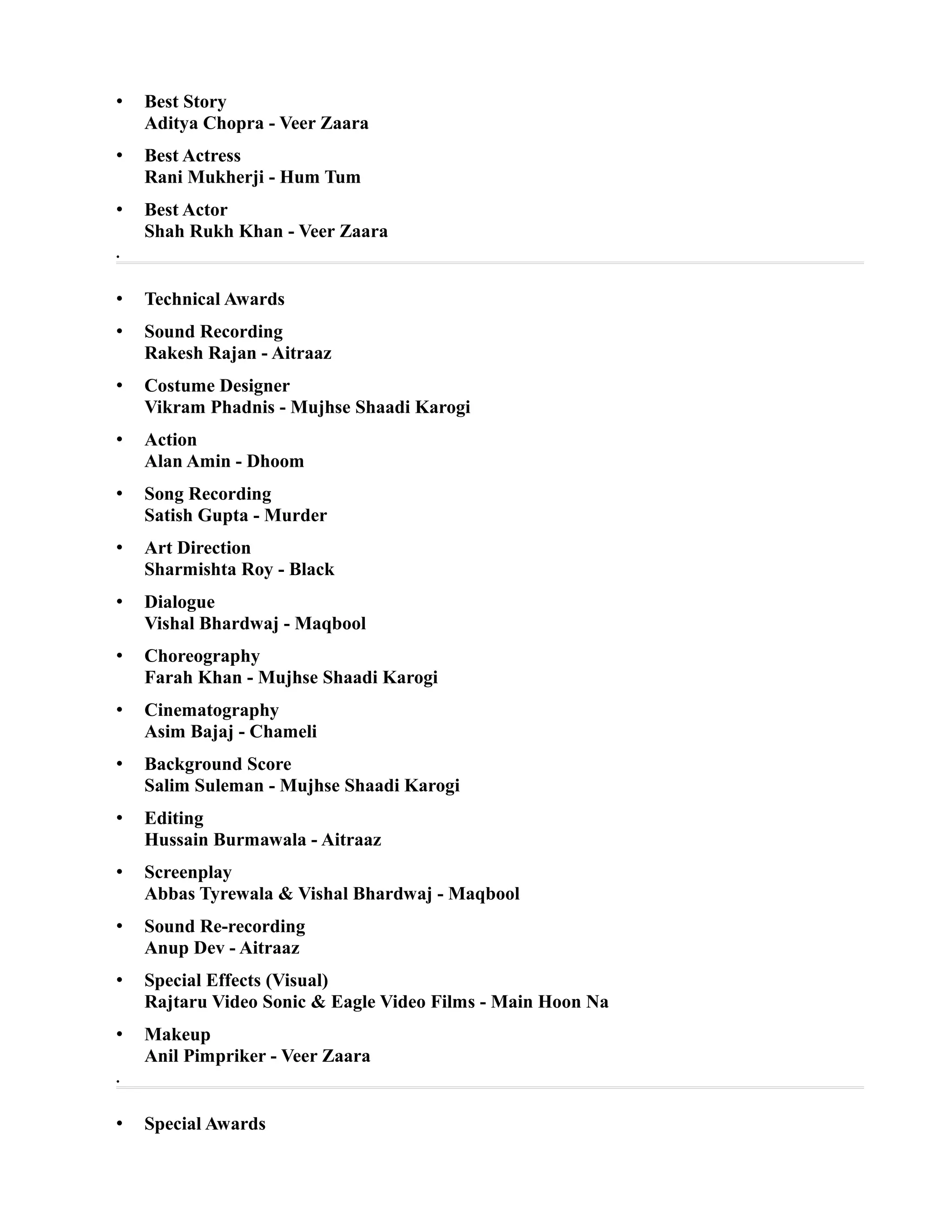 •   Best Story
    Aditya Chopra - Veer Zaara
•   Best Actress
    Rani Mukherji - Hum Tum
•   Best Actor
    Shah Rukh Khan - Veer Zaara
•



•   Technical Awards
•   Sound Recording
    Rakesh Rajan - Aitraaz
•   Costume Designer
    Vikram Phadnis - Mujhse Shaadi Karogi
•   Action
    Alan Amin - Dhoom
•   Song Recording
    Satish Gupta - Murder
•   Art Direction
    Sharmishta Roy - Black
•   Dialogue
    Vishal Bhardwaj - Maqbool
•   Choreography
    Farah Khan - Mujhse Shaadi Karogi
•   Cinematography
    Asim Bajaj - Chameli
•   Background Score
    Salim Suleman - Mujhse Shaadi Karogi
•   Editing
    Hussain Burmawala - Aitraaz
•   Screenplay
    Abbas Tyrewala & Vishal Bhardwaj - Maqbool
•   Sound Re-recording
    Anup Dev - Aitraaz
•   Special Effects (Visual)
    Rajtaru Video Sonic & Eagle Video Films - Main Hoon Na
•   Makeup
    Anil Pimpriker - Veer Zaara
•



•   Special Awards
 