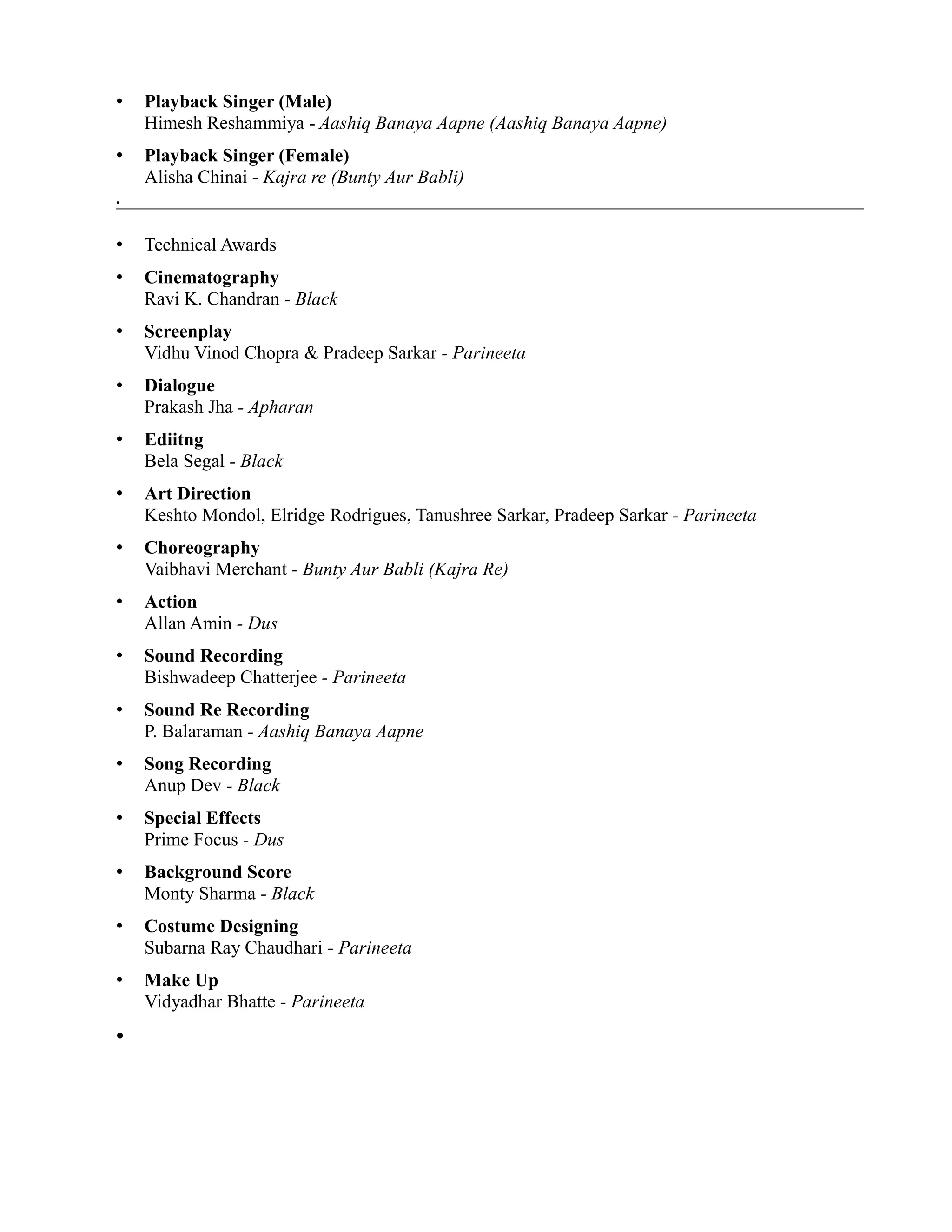 •   Playback Singer (Male)
    Himesh Reshammiya - Aashiq Banaya Aapne (Aashiq Banaya Aapne)
•   Playback Singer (Female)
    Alisha Chinai - Kajra re (Bunty Aur Babli)
•



•   Technical Awards
•   Cinematography
    Ravi K. Chandran - Black
•   Screenplay
    Vidhu Vinod Chopra & Pradeep Sarkar - Parineeta
•   Dialogue
    Prakash Jha - Apharan
•   Ediitng
    Bela Segal - Black
•   Art Direction
    Keshto Mondol, Elridge Rodrigues, Tanushree Sarkar, Pradeep Sarkar - Parineeta
•   Choreography
    Vaibhavi Merchant - Bunty Aur Babli (Kajra Re)
•   Action
    Allan Amin - Dus
•   Sound Recording
    Bishwadeep Chatterjee - Parineeta
•   Sound Re Recording
    P. Balaraman - Aashiq Banaya Aapne
•   Song Recording
    Anup Dev - Black
•   Special Effects
    Prime Focus - Dus
•   Background Score
    Monty Sharma - Black
•   Costume Designing
    Subarna Ray Chaudhari - Parineeta
•   Make Up
    Vidyadhar Bhatte - Parineeta
•
 