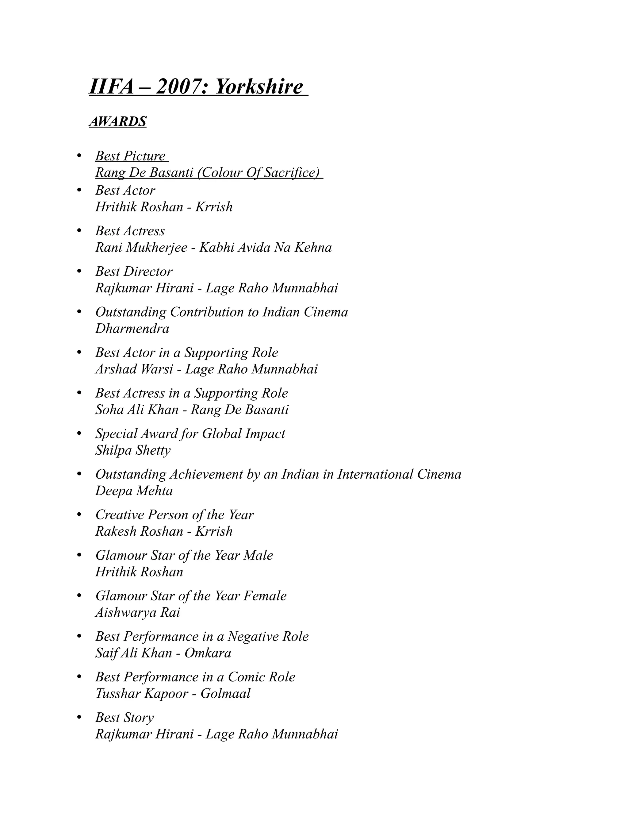 IIFA – 2007: Yorkshire
  AWARDS

• Best Picture
  Rang De Basanti (Colour Of Sacrifice)
• Best Actor
  Hrithik Roshan - Krrish
• Best Actress
  Rani Mukherjee - Kabhi Avida Na Kehna
• Best Director
  Rajkumar Hirani - Lage Raho Munnabhai
• Outstanding Contribution to Indian Cinema
  Dharmendra
• Best Actor in a Supporting Role
  Arshad Warsi - Lage Raho Munnabhai
• Best Actress in a Supporting Role
  Soha Ali Khan - Rang De Basanti
• Special Award for Global Impact
  Shilpa Shetty
• Outstanding Achievement by an Indian in International Cinema
  Deepa Mehta
• Creative Person of the Year
  Rakesh Roshan - Krrish
• Glamour Star of the Year Male
  Hrithik Roshan
• Glamour Star of the Year Female
  Aishwarya Rai
• Best Performance in a Negative Role
  Saif Ali Khan - Omkara
• Best Performance in a Comic Role
  Tusshar Kapoor - Golmaal
• Best Story
  Rajkumar Hirani - Lage Raho Munnabhai
 