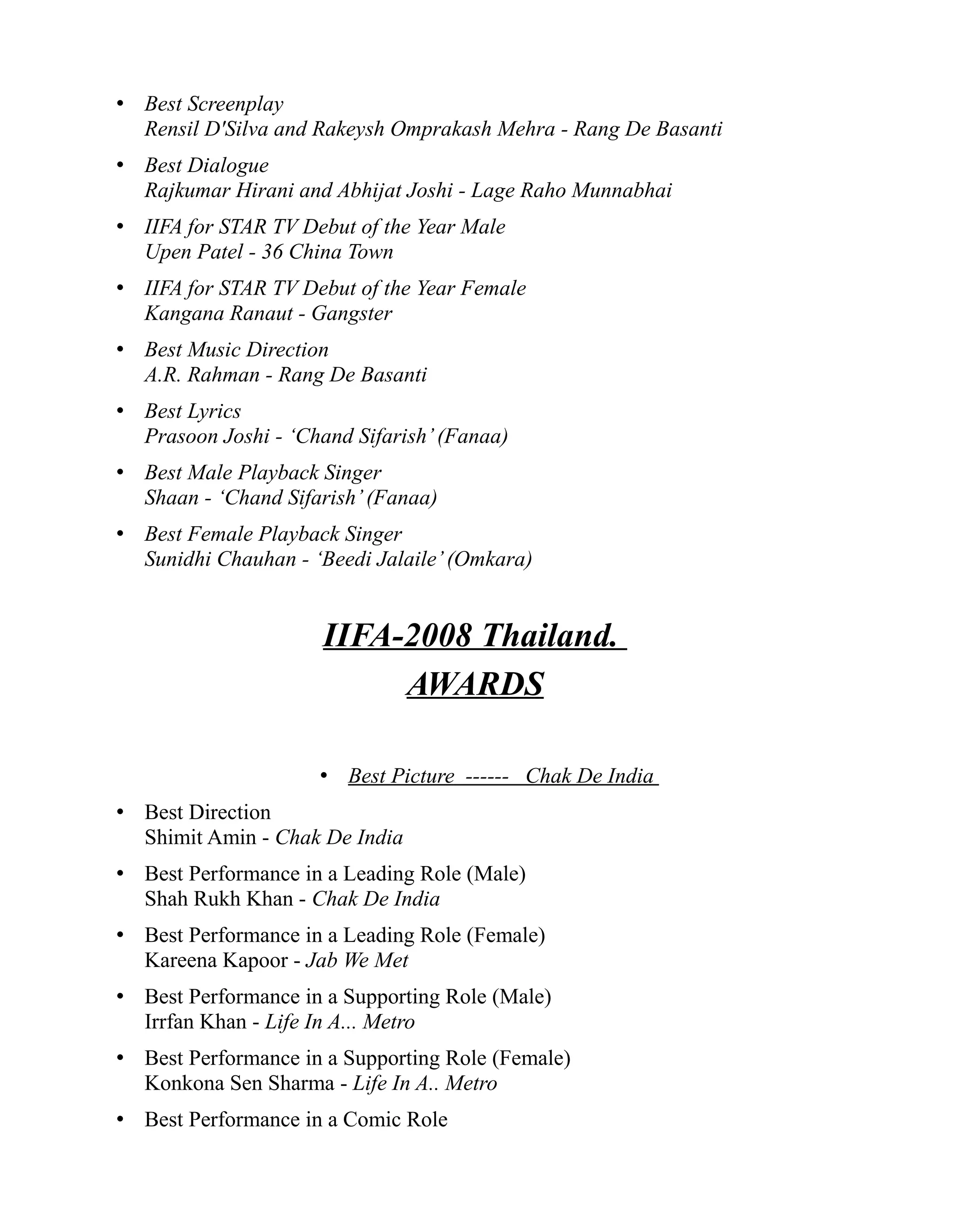 • Best Screenplay
  Rensil D'Silva and Rakeysh Omprakash Mehra - Rang De Basanti
• Best Dialogue
  Rajkumar Hirani and Abhijat Joshi - Lage Raho Munnabhai
• IIFA for STAR TV Debut of the Year Male
  Upen Patel - 36 China Town
• IIFA for STAR TV Debut of the Year Female
  Kangana Ranaut - Gangster
• Best Music Direction
  A.R. Rahman - Rang De Basanti
• Best Lyrics
  Prasoon Joshi - ‘Chand Sifarish’ (Fanaa)
• Best Male Playback Singer
  Shaan - ‘Chand Sifarish’ (Fanaa)
• Best Female Playback Singer
  Sunidhi Chauhan - ‘Beedi Jalaile’ (Omkara)


                      IIFA-2008 Thailand.
                           AWARDS

                     • Best Picture ------ Chak De India
• Best Direction
  Shimit Amin - Chak De India
• Best Performance in a Leading Role (Male)
  Shah Rukh Khan - Chak De India
• Best Performance in a Leading Role (Female)
  Kareena Kapoor - Jab We Met
• Best Performance in a Supporting Role (Male)
  Irrfan Khan - Life In A... Metro
• Best Performance in a Supporting Role (Female)
  Konkona Sen Sharma - Life In A.. Metro
• Best Performance in a Comic Role
 