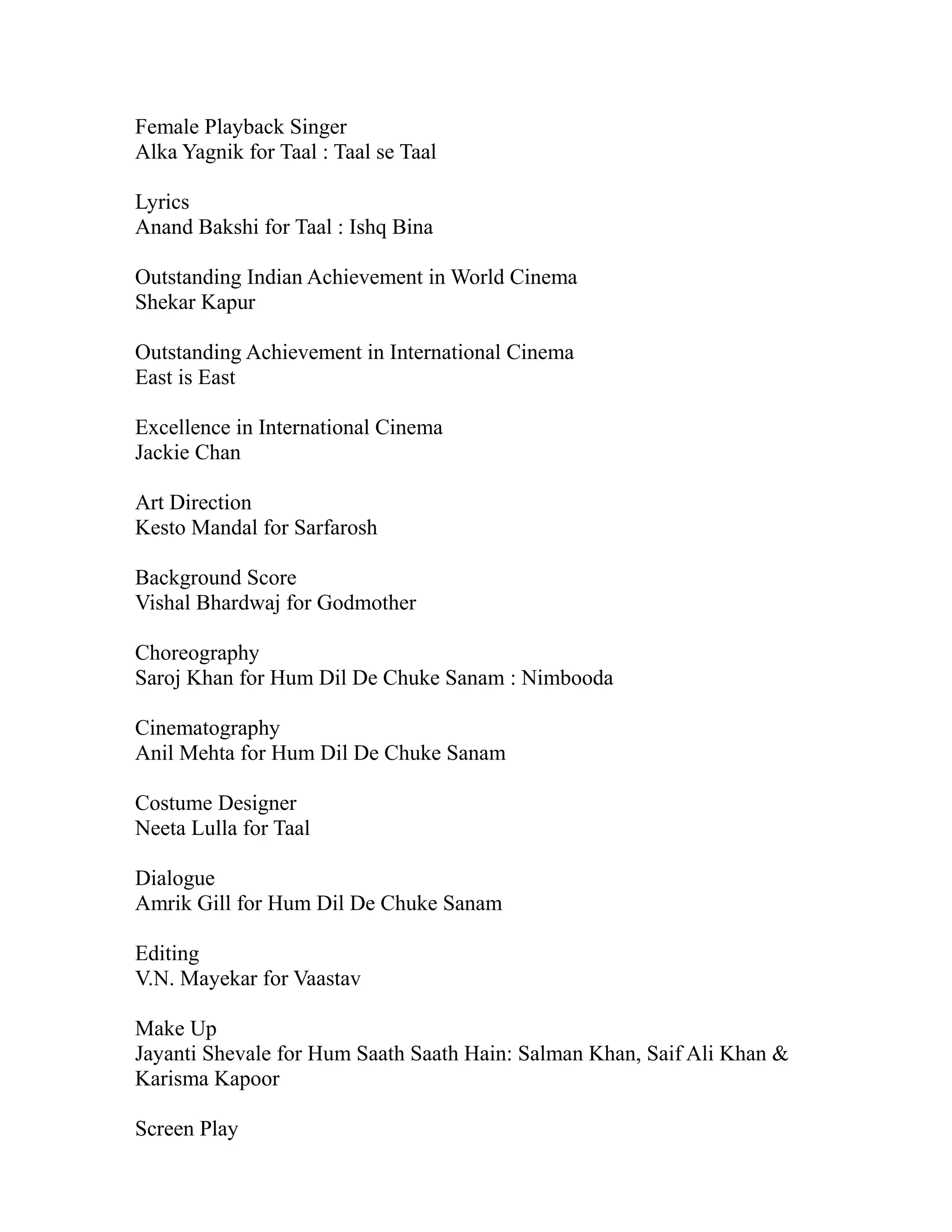 Female Playback Singer
Alka Yagnik for Taal : Taal se Taal

Lyrics
Anand Bakshi for Taal : Ishq Bina

Outstanding Indian Achievement in World Cinema
Shekar Kapur

Outstanding Achievement in International Cinema
East is East

Excellence in International Cinema
Jackie Chan

Art Direction
Kesto Mandal for Sarfarosh

Background Score
Vishal Bhardwaj for Godmother

Choreography
Saroj Khan for Hum Dil De Chuke Sanam : Nimbooda

Cinematography
Anil Mehta for Hum Dil De Chuke Sanam

Costume Designer
Neeta Lulla for Taal

Dialogue
Amrik Gill for Hum Dil De Chuke Sanam

Editing
V.N. Mayekar for Vaastav

Make Up
Jayanti Shevale for Hum Saath Saath Hain: Salman Khan, Saif Ali Khan &
Karisma Kapoor

Screen Play
 