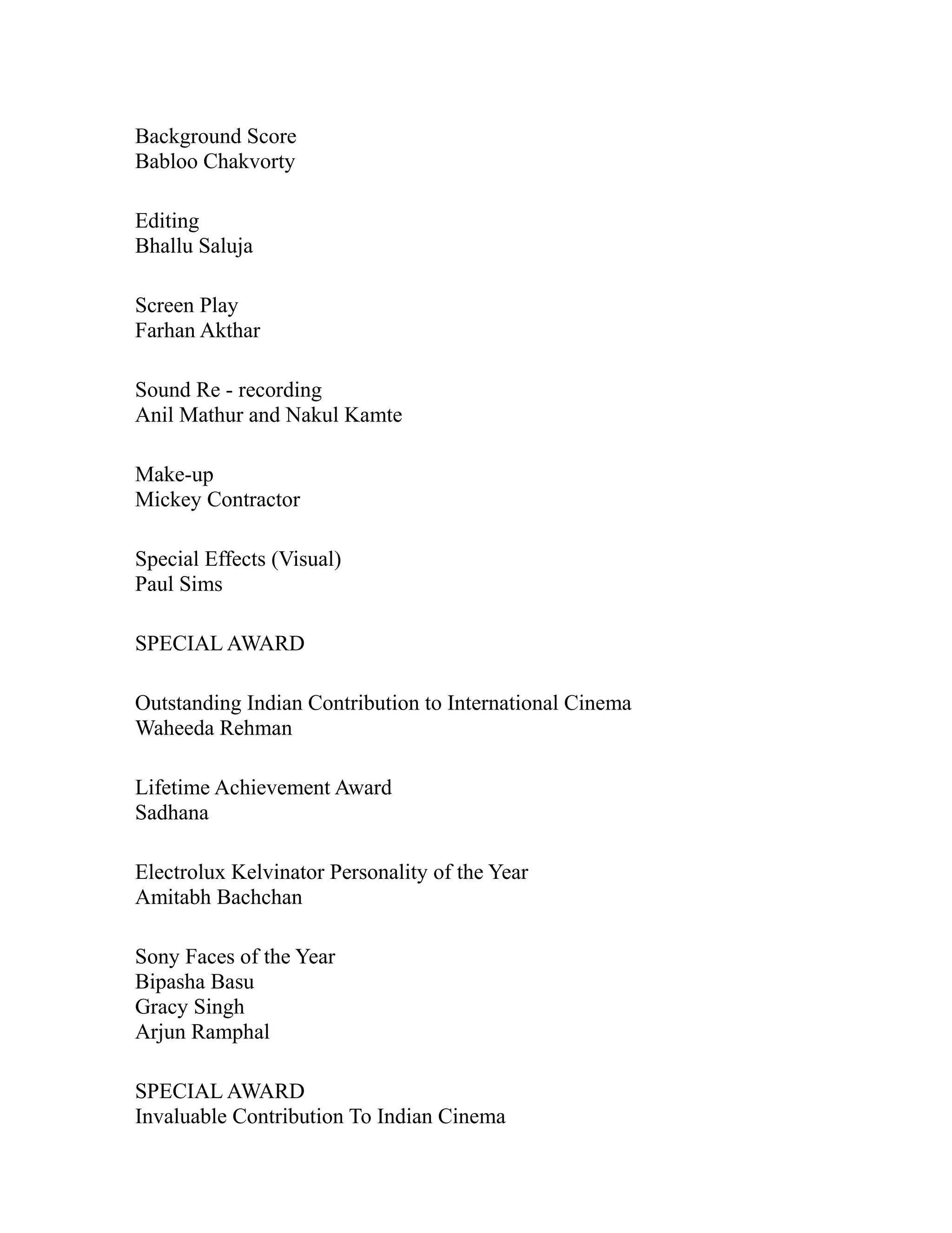 Background Score
Babloo Chakvorty

Editing
Bhallu Saluja

Screen Play
Farhan Akthar

Sound Re - recording
Anil Mathur and Nakul Kamte

Make-up
Mickey Contractor

Special Effects (Visual)
Paul Sims

SPECIAL AWARD

Outstanding Indian Contribution to International Cinema
Waheeda Rehman

Lifetime Achievement Award
Sadhana

Electrolux Kelvinator Personality of the Year
Amitabh Bachchan

Sony Faces of the Year
Bipasha Basu
Gracy Singh
Arjun Ramphal

SPECIAL AWARD
Invaluable Contribution To Indian Cinema
 