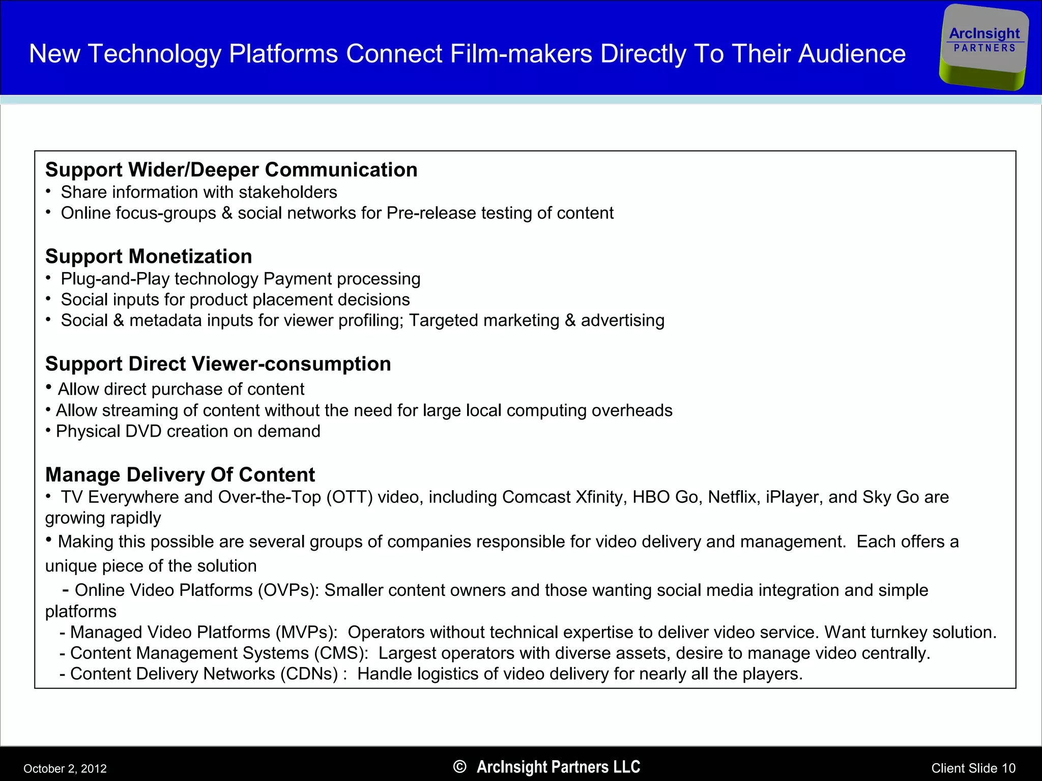 ArcInsight
New Technology Platforms Connect Film-makers Directly To Their Audience                                                 PARTNERS




   Support Wider/Deeper Communication
   • Share information with stakeholders
   • Online focus-groups & social networks for Pre-release testing of content

   Support Monetization
   • Plug-and-Play technology Payment processing
   • Social inputs for product placement decisions
   • Social & metadata inputs for viewer profiling; Targeted marketing & advertising

   Support Direct Viewer-consumption
   • Allow direct purchase of content
   • Allow streaming of content without the need for large local computing overheads
   • Physical DVD creation on demand

   Manage Delivery Of Content
   • TV Everywhere and Over-the-Top (OTT) video, including Comcast Xfinity, HBO Go, Netflix, iPlayer, and Sky Go are
   growing rapidly
   • Making this possible are several groups of companies responsible for video delivery and management. Each offers a
   unique piece of the solution
     - Online Video Platforms (OVPs): Smaller content owners and those wanting social media integration and simple
   platforms
     - Managed Video Platforms (MVPs): Operators without technical expertise to deliver video service. Want turnkey solution.
     - Content Management Systems (CMS): Largest operators with diverse assets, desire to manage video centrally.
     - Content Delivery Networks (CDNs) : Handle logistics of video delivery for nearly all the players.




October 2, 2012                                         © ArcInsight Partners LLC                                   Client Slide 10
 