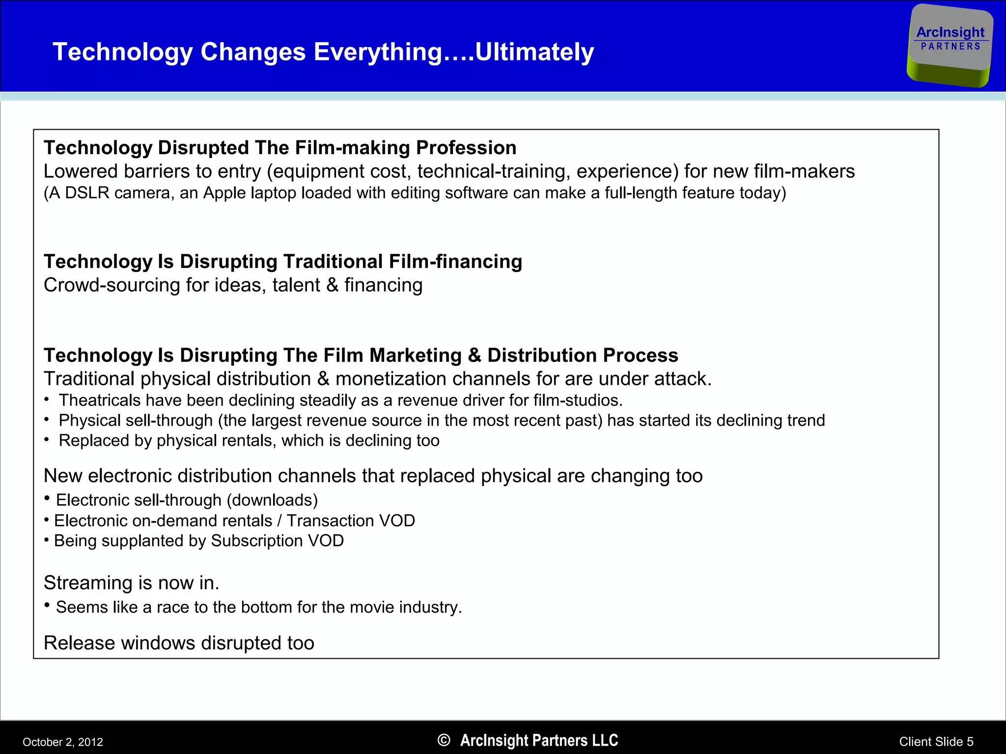 ArcInsight
     Technology Changes Everything….Ultimately                                                                        PARTNERS




   Technology Disrupted The Film-making Profession
   Lowered barriers to entry (equipment cost, technical-training, experience) for new film-makers
   (A DSLR camera, an Apple laptop loaded with editing software can make a full-length feature today)



   Technology Is Disrupting Traditional Film-financing
   Crowd-sourcing for ideas, talent & financing


   Technology Is Disrupting The Film Marketing & Distribution Process
   Traditional physical distribution & monetization channels for are under attack.
   • Theatricals have been declining steadily as a revenue driver for film-studios.
   • Physical sell-through (the largest revenue source in the most recent past) has started its declining trend
   • Replaced by physical rentals, which is declining too

   New electronic distribution channels that replaced physical are changing too
   • Electronic sell-through (downloads)
   • Electronic on-demand rentals / Transaction VOD
   • Being supplanted by Subscription VOD

   Streaming is now in.
   • Seems like a race to the bottom for the movie industry.
   Release windows disrupted too



October 2, 2012                                          © ArcInsight Partners LLC                                Client Slide 5
 