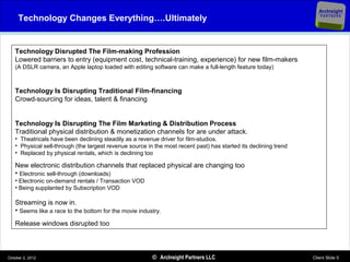 ArcInsight
     Technology Changes Everything….Ultimately                                                                        PARTNERS




   Technology Disrupted The Film-making Profession
   Lowered barriers to entry (equipment cost, technical-training, experience) for new film-makers
   (A DSLR camera, an Apple laptop loaded with editing software can make a full-length feature today)



   Technology Is Disrupting Traditional Film-financing
   Crowd-sourcing for ideas, talent & financing


   Technology Is Disrupting The Film Marketing & Distribution Process
   Traditional physical distribution & monetization channels for are under attack.
   • Theatricals have been declining steadily as a revenue driver for film-studios.
   • Physical sell-through (the largest revenue source in the most recent past) has started its declining trend
   • Replaced by physical rentals, which is declining too

   New electronic distribution channels that replaced physical are changing too
   • Electronic sell-through (downloads)
   • Electronic on-demand rentals / Transaction VOD
   • Being supplanted by Subscription VOD

   Streaming is now in.
   • Seems like a race to the bottom for the movie industry.
   Release windows disrupted too



October 2, 2012                                          © ArcInsight Partners LLC                                Client Slide 5
 