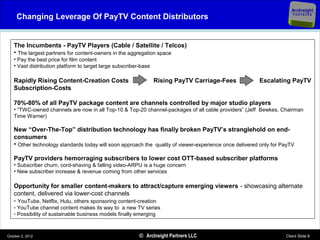 ArcInsight
     Changing Leverage Of PayTV Content Distributors                                                                   PARTNERS




   The Incumbents - PayTV Players (Cable / Satellite / Telcos)
   • The largest partners for content-owners in the aggregation space
   • Pay the best price for film content
   • Vast distribution platform to target large subscriber-base

   Rapidly Rising Content-Creation Costs                          Rising PayTV Carriage-Fees            Escalating PayTV
   Subscription-Costs

   70%-80% of all PayTV package content are channels controlled by major studio players
   • “TWC-owned channels are now in all Top-10 & Top-20 channel-packages of all cable providers” (Jeff Bewkes, Chairman
   Time Warner)

   New “Over-The-Top” distribution technology has finally broken PayTV’s stranglehold on end-
   consumers
   • Other technology standards today will soon approach the quality of viewer-experience once delivered only for PayTV

   PayTV providers hemorraging subscribers to lower cost OTT-based subscriber platforms
   • Subscriber churn, cord-shaving & falling video-ARPU is a huge concern
   • New subscriber increase & revenue coming from other services

   Opportunity for smaller content-makers to attract/capture emerging viewers - showcasing alternate
   content, delivered via lower-cost channels
   - YouTube, Netflix, Hulu, others sponsoring content-creation
   - YouTube channel content makes its way to a new TV series
   - Possibility of sustainable business models finally emerging



October 2, 2012                                           © ArcInsight Partners LLC                                Client Slide 6
 