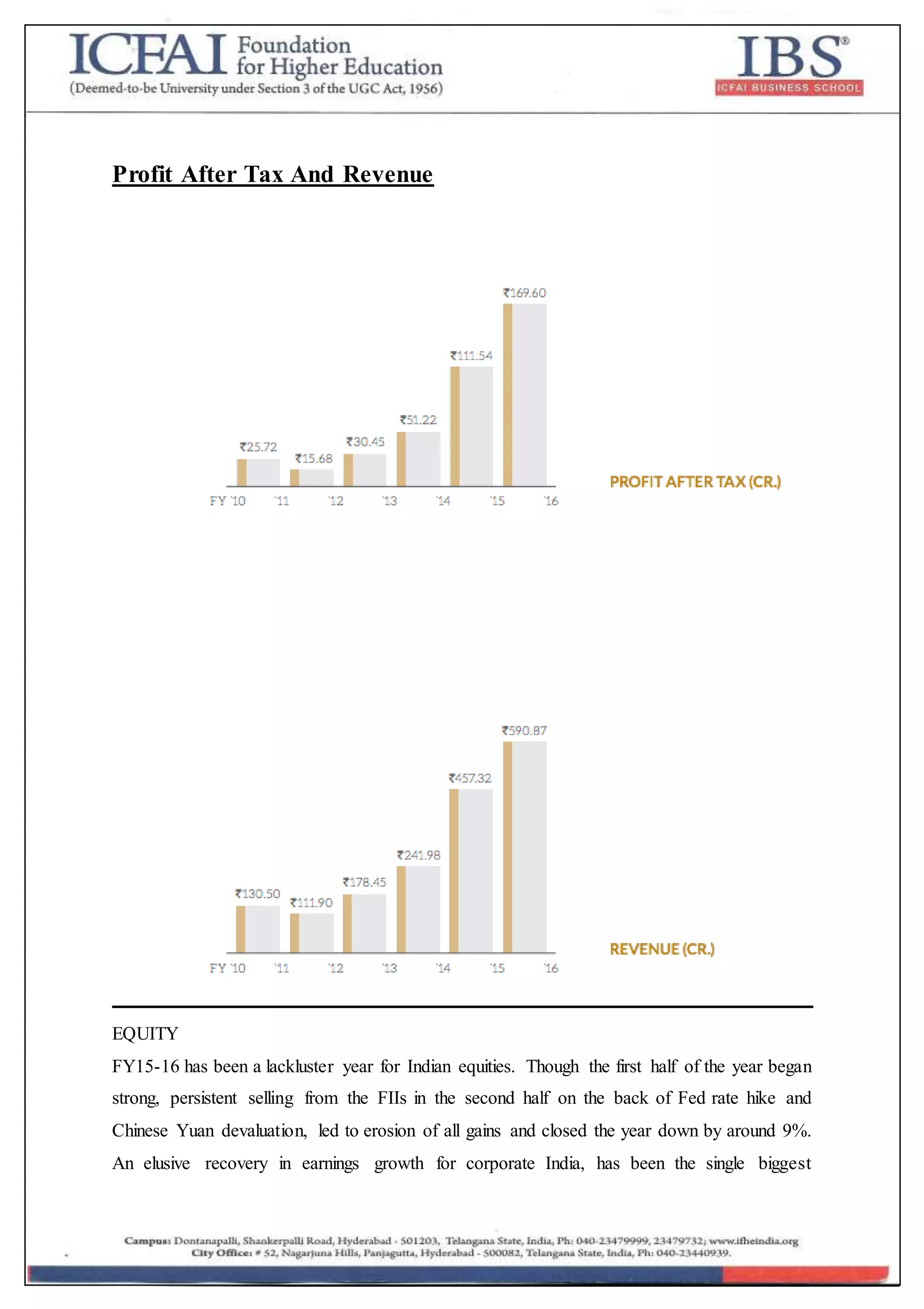 Profit After Tax And Revenue
EQUITY
FY15-16 has been a lackluster year for Indian equities. Though the first half of the year began
strong, persistent selling from the FIIs in the second half on the back of Fed rate hike and
Chinese Yuan devaluation, led to erosion of all gains and closed the year down by around 9%.
An elusive recovery in earnings growth for corporate India, has been the single biggest
 