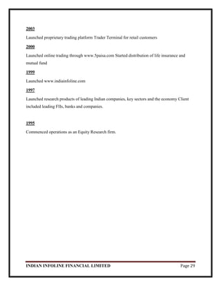 INDIAN INFOLINE FINANCIAL LIMITED Page 29
2003
Launched proprietary trading platform Trader Terminal for retail customers
2000
Launched online trading through www.5paisa.com Started distribution of life insurance and
mutual fund
1999
Launched www.indiainfoline.com
1997
Launched research products of leading Indian companies, key sectors and the economy Client
included leading FIIs, banks and companies.
1995
Commenced operations as an Equity Research firm.
 